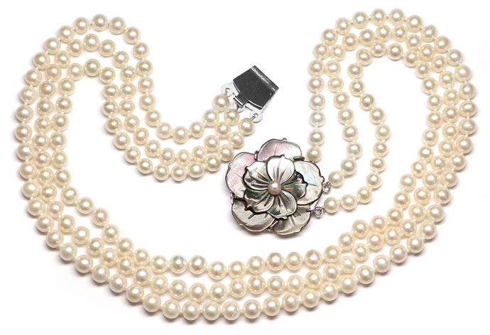 Foto 1 - 3-Reihen Perlen Collier Riesen Perlmutt Blüte, R9092